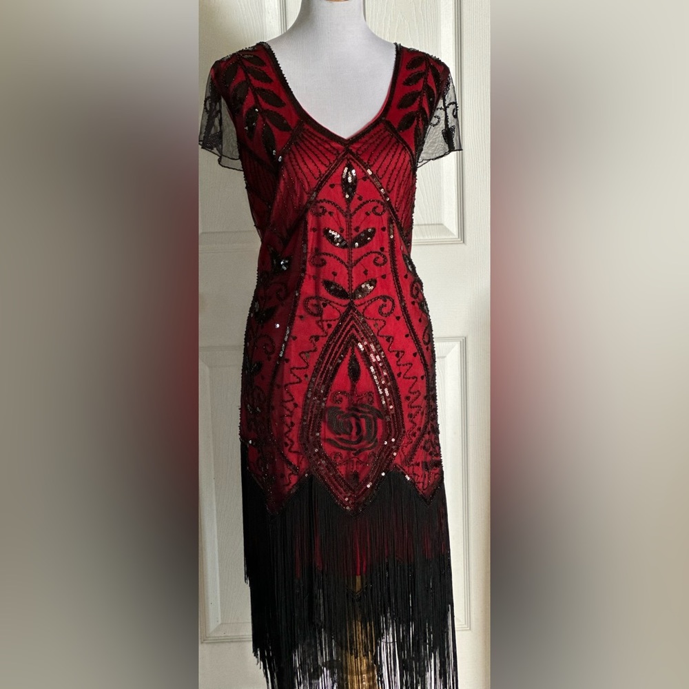 Unique Vintage Flapper Dress with Lace Cap Sleeves